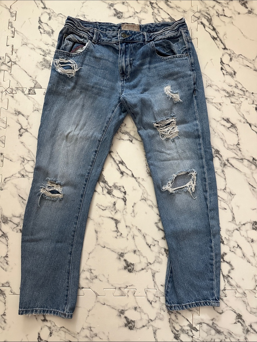 Zara Medium Blue Boyfriend Distressed Jeans